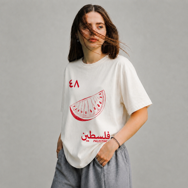 تي شيرت فلسطين 1948 بتصميم رسومي عربي، تي شيرت بطيخ لفلسطين حرة