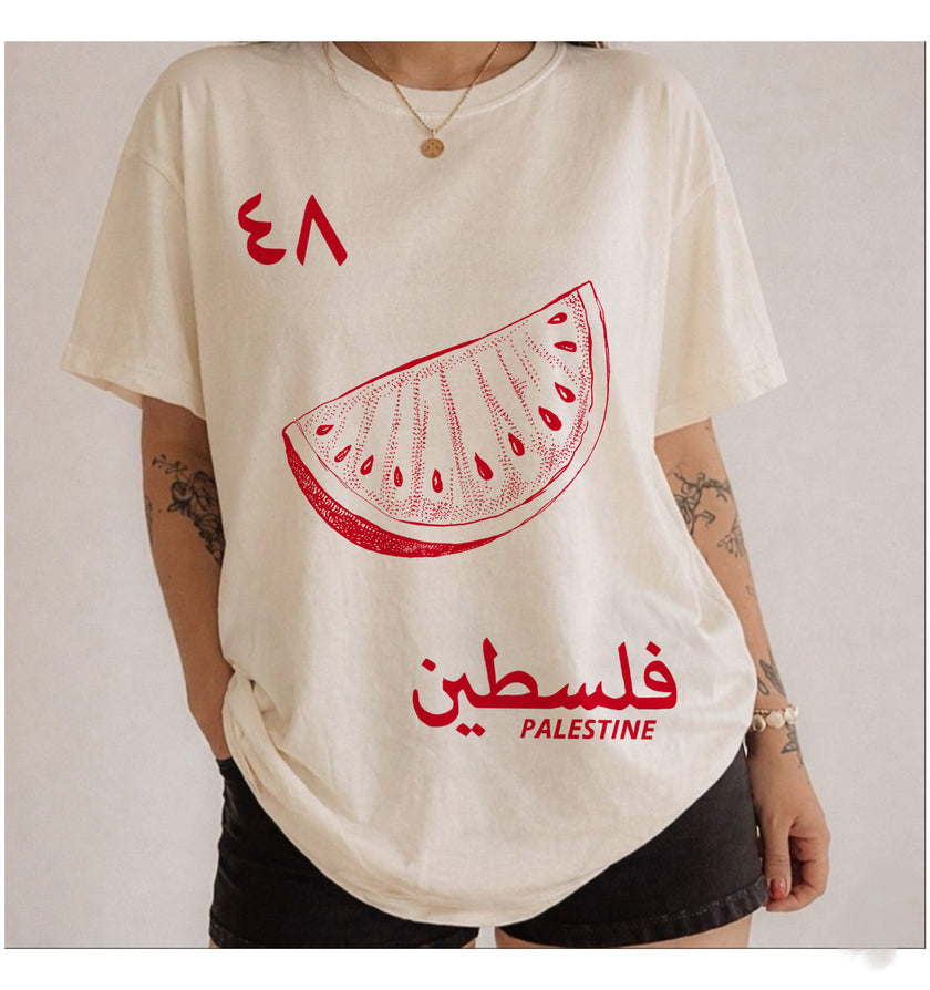 تي شيرت فلسطين 1948 بتصميم رسومي عربي، تي شيرت بطيخ لفلسطين حرة