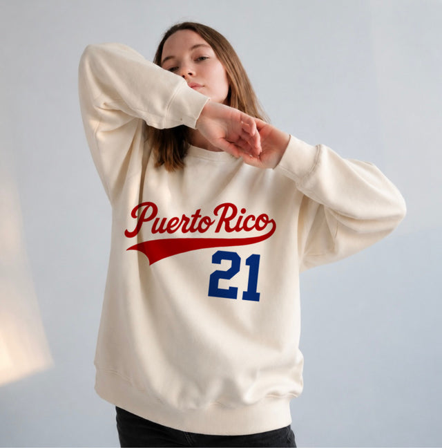 Puerto Rico 21 Sweatshirt: Retro Baseball Style Pullover Custom Number Unisex Top