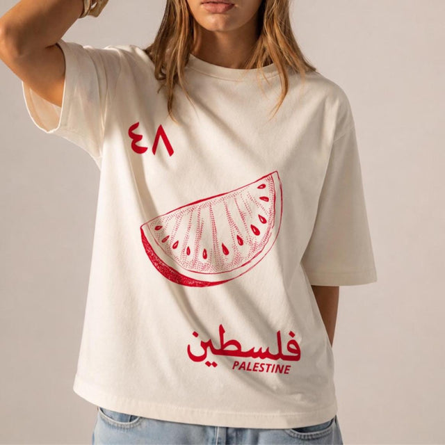 تي شيرت فلسطين 1948 بتصميم رسومي عربي، تي شيرت بطيخ لفلسطين حرة
